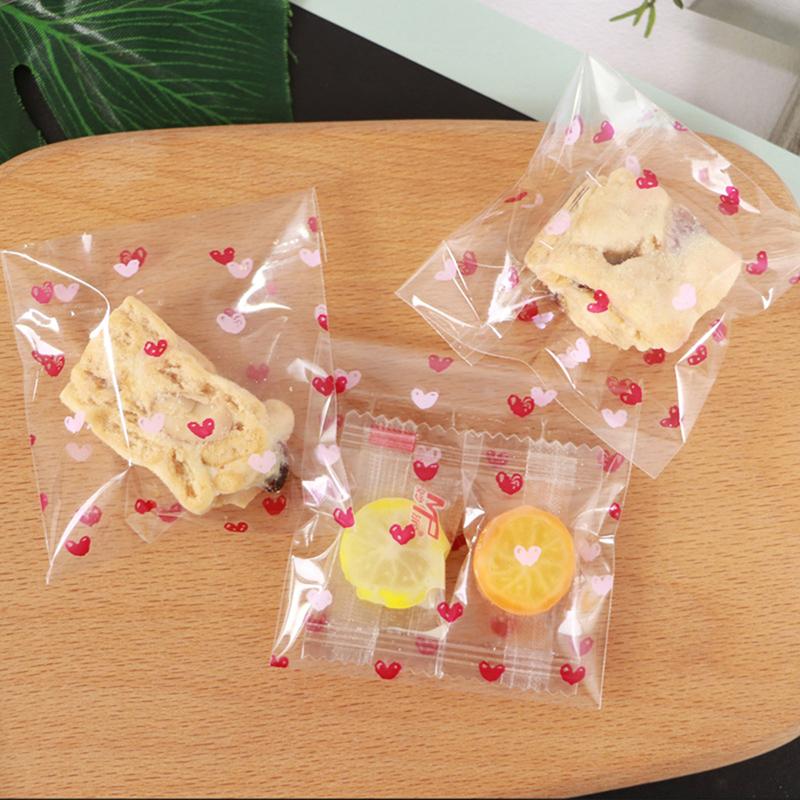 100Pcs Transparent Heart Bags Candy Cookie Self Adhesive Pouch Storage Package