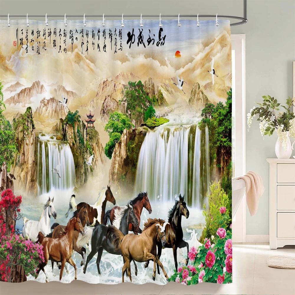 Chinese style Natural Waterfall landscape Shower Curtains Bathroom Curtain Waterproof Polyester Horse Bath Curtain with Hooks