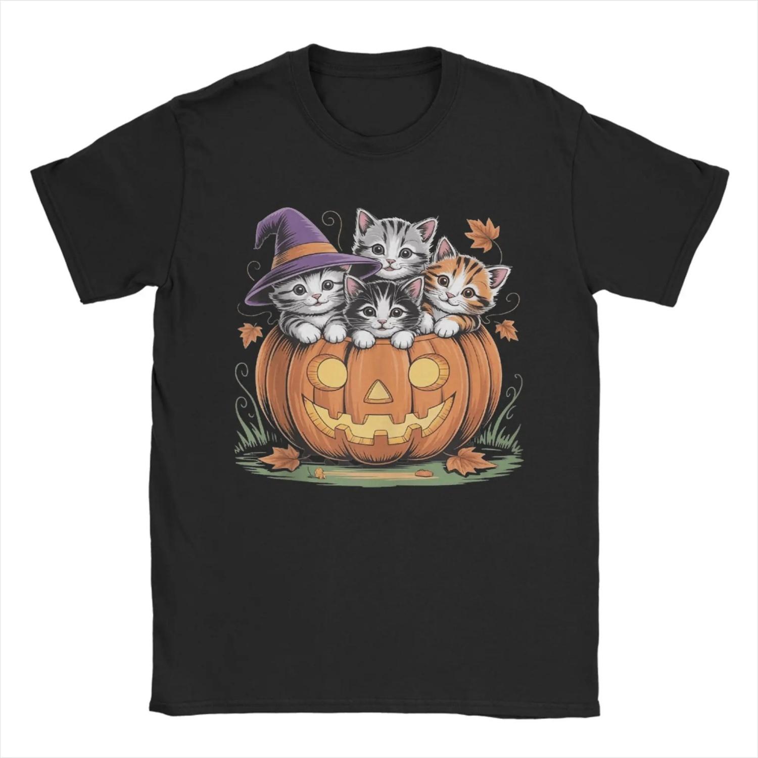 

Funny Halloween Kittens in Pumpkin Autumn Leaves Cat Lover s T Shirt Humorous Tee Shirt Short Sleeve Round Neck T-Shirts S чёрный