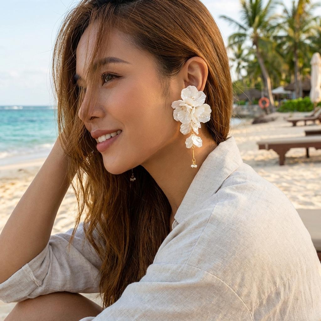 Elegant White Petal Flower Tassel Drop Earrings for Women Exaggerated Acrylic Shell Flower Earrings Wedding Party Jewelry