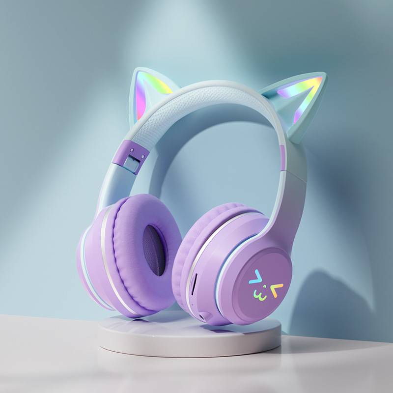 Cuffie wireless sfumate RGB auricolari Bluetooth con orecchie di gatto carine con microfono, auricolari stereo per musica e giochi, regali per bambini