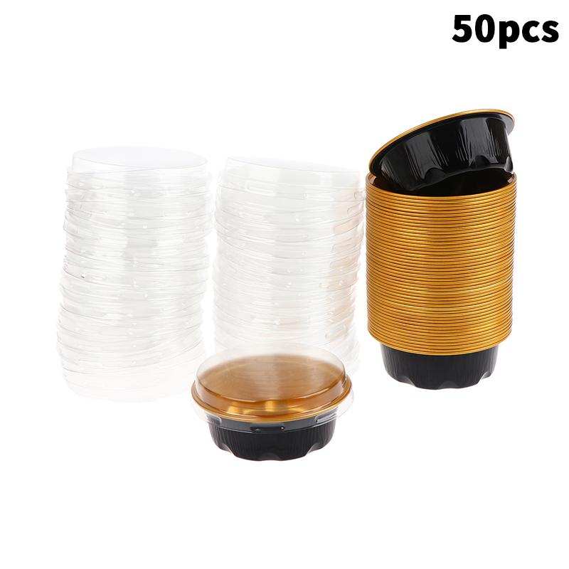 50Pcs Round Baking Cups Aluminum Foil Wih Lids Reusable Cupcake Cups Desserts Flans Cake Pudding Jello Cups Kitchen Tools