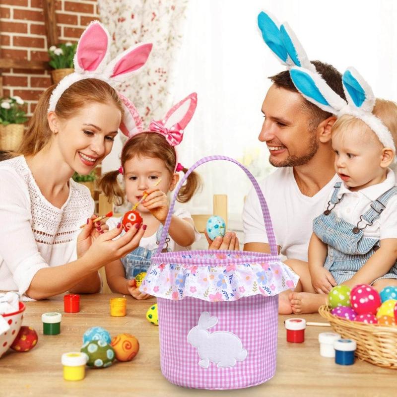 Reusable Fabric Easters Bucket Rabbit Print Decorative Bin Eggs Hunt Organizers Basket For Treats Storage Holiday Gifts