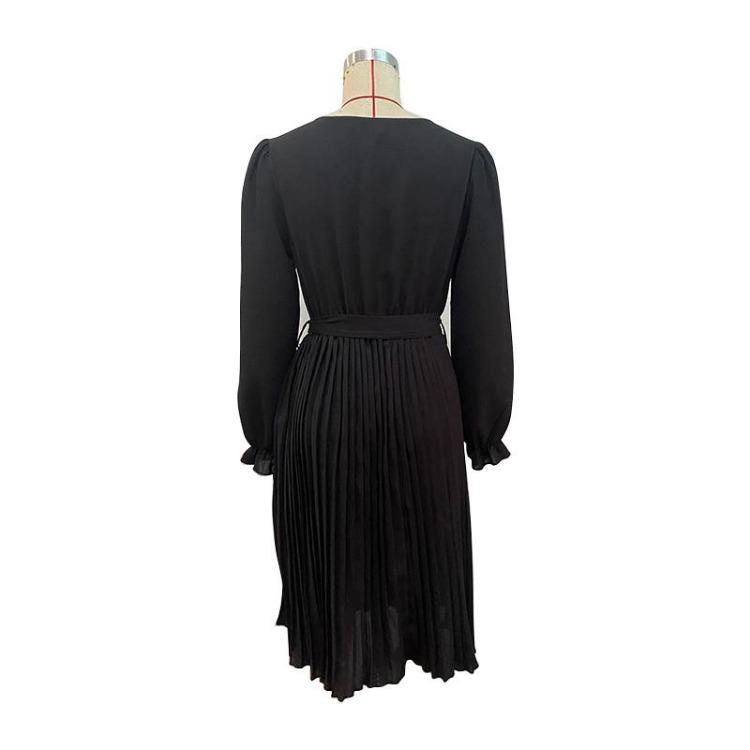 Black High Waist Pleated A Line Dress for Women V Neck Long Sleeve Lace Up Early Autumn Fashion
