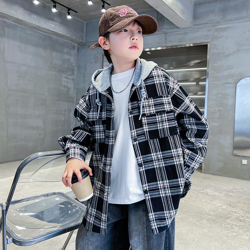 Boys Long Sleeve Hooded Plaid Shirt Kids Casual Autumn Spring