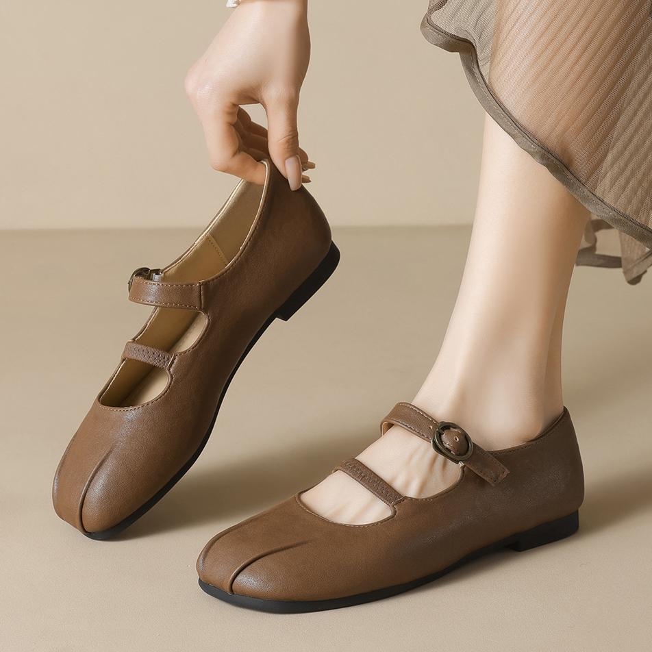 Fashion Double Belt Mary Janes Flat Shoes Woman 35-43plus Size Moccasins  Designer Pleated Leather Flats Women Soft Bottom Loafers