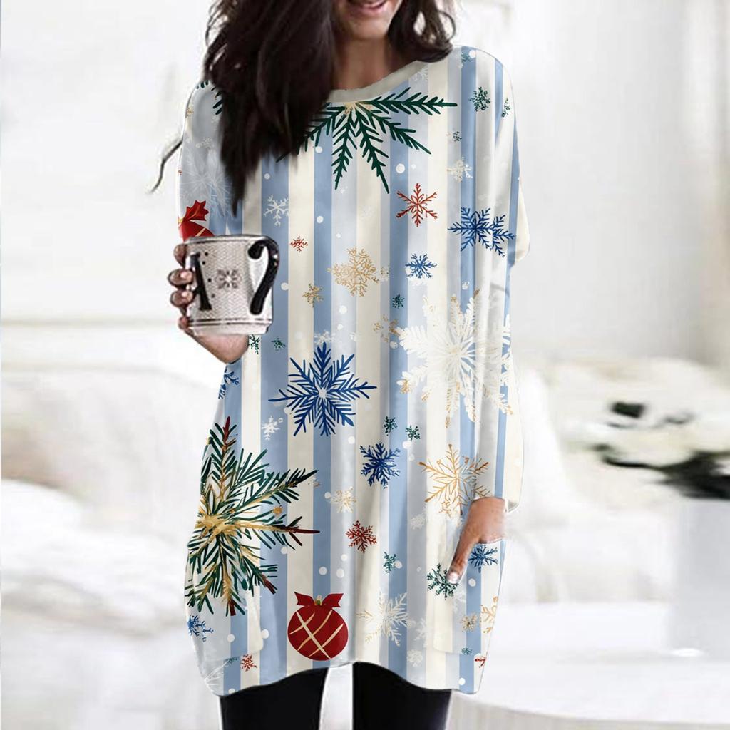 Dámská móda ležérní tričko s vánočním potiskem s kulatým výstřihem a dvojitou kapsou s dlouhým rukávem