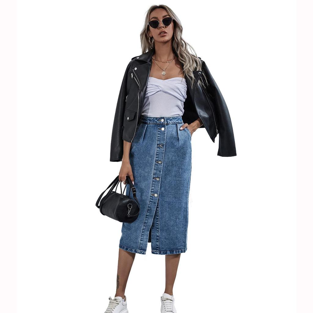 Einreihiger knielanger Jeansrock für Damen, Streetwear, lässig, Tasche, hohe Taille, gerader Jeansrock