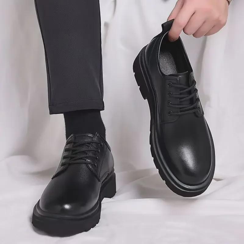 Spring Men's Big Head Business Casual Lace-Up Leather Shoes, Soft Sole, Versatile, Formal, Non-Slip, Black.