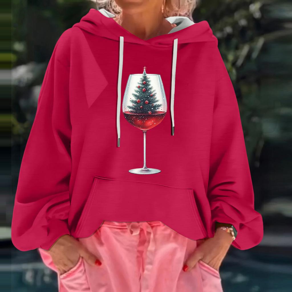 Women's Christmas Print Loose Casual Long Sleeve Hooded Sweatshirt
