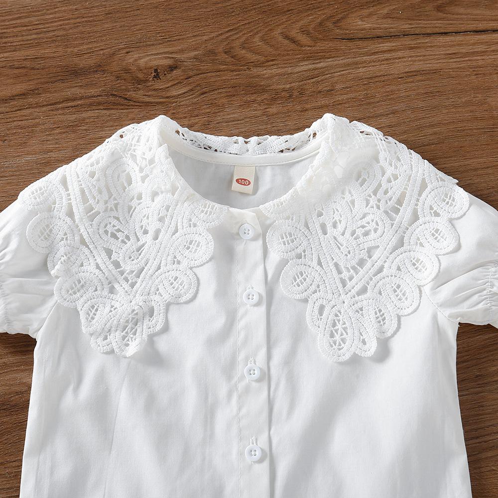 Kids School Shirt for Girl Blouse Cotton Lace Collar White Short Sleeve Tops Summer Children Clothing