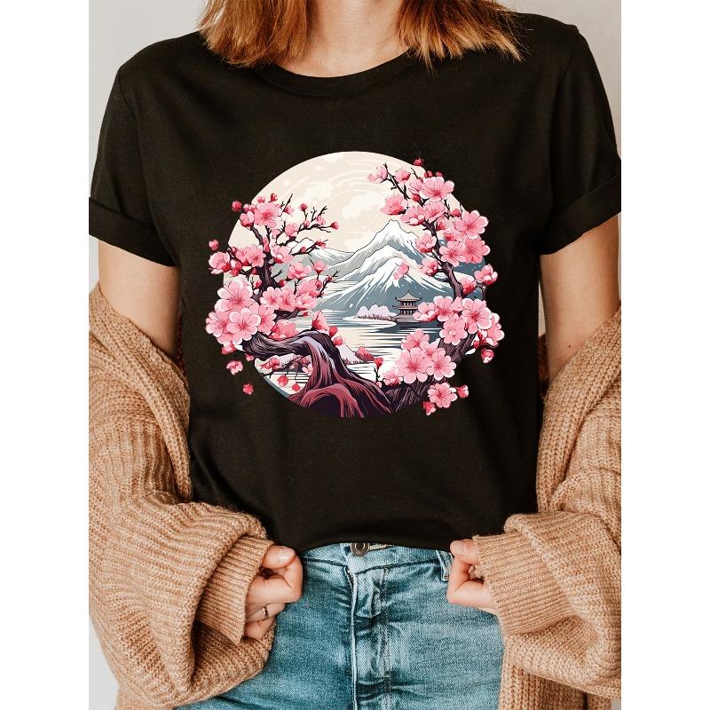 

European Size Cherry Blossom Tree Print T-Shirt, Short Sleeve Crew Neck Casual Top for Summer & Spring, Women S Clothing 4XL чорний
