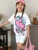 Girls 2Pcs Outfit Heart Graphic Print Short Sleeve Crew Neck Tee for Daily Wear Biker Shorts Set Trendy Children Summer Clothing