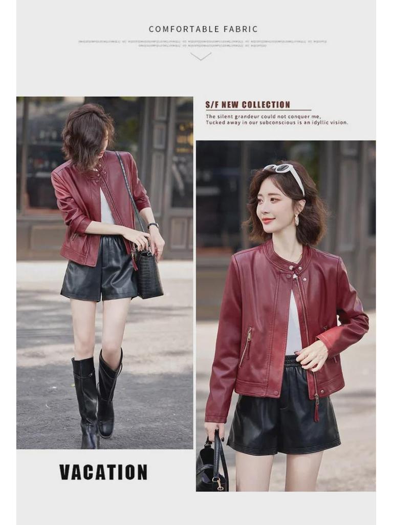 Women's Sheepskin Motorcycle Jacket: Genuine Leather, Stand-Up Collar, Short Style for Spring & Autumn.