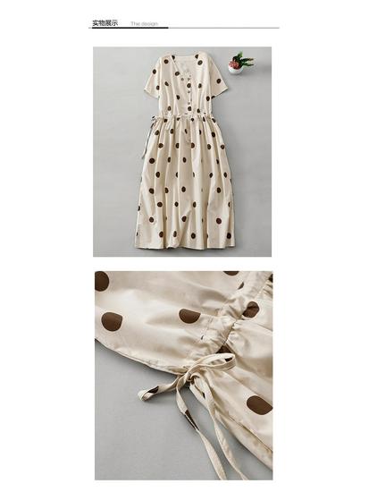 Retro Tupfen Baumwollleinen V-Ausschnitt Kleid für Damen