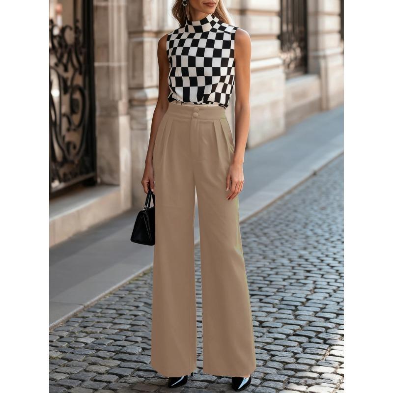 Women s 2Pcs Black Beige High Waist Pleated Wide Leg Dress Pants S хаки