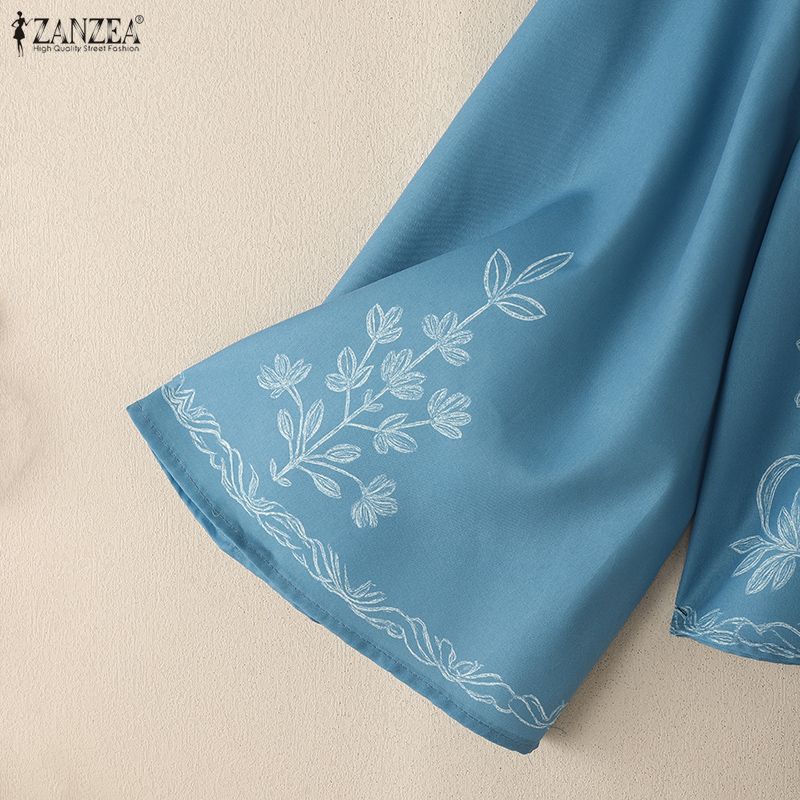 ZANZEA Women Casual Stand Collar Loose Long Sleeve Print Blouse