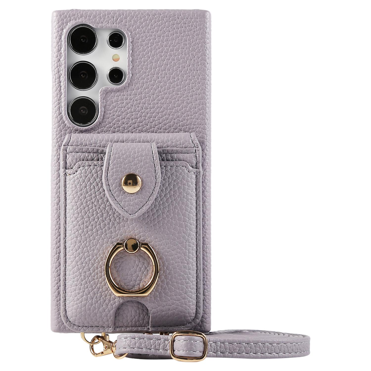 

For Samsung Galaxy S23 Ultra Case with Card Holder,Shoulder Strap PC+TPU Ring Kickstand Phone Back Cover Purplish
