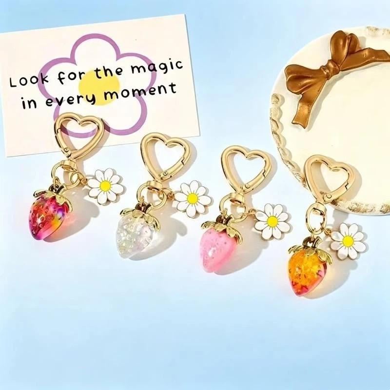 Cute Strawberry Heart Flower Keychain Bag Charms For Girls Purse Gifts Decor Accessories