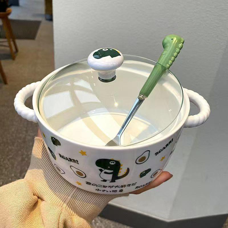 Korean Style Cute Heart Ceramic Noodle Bowl with Lid for Dorm or Bedroom Microwave Use