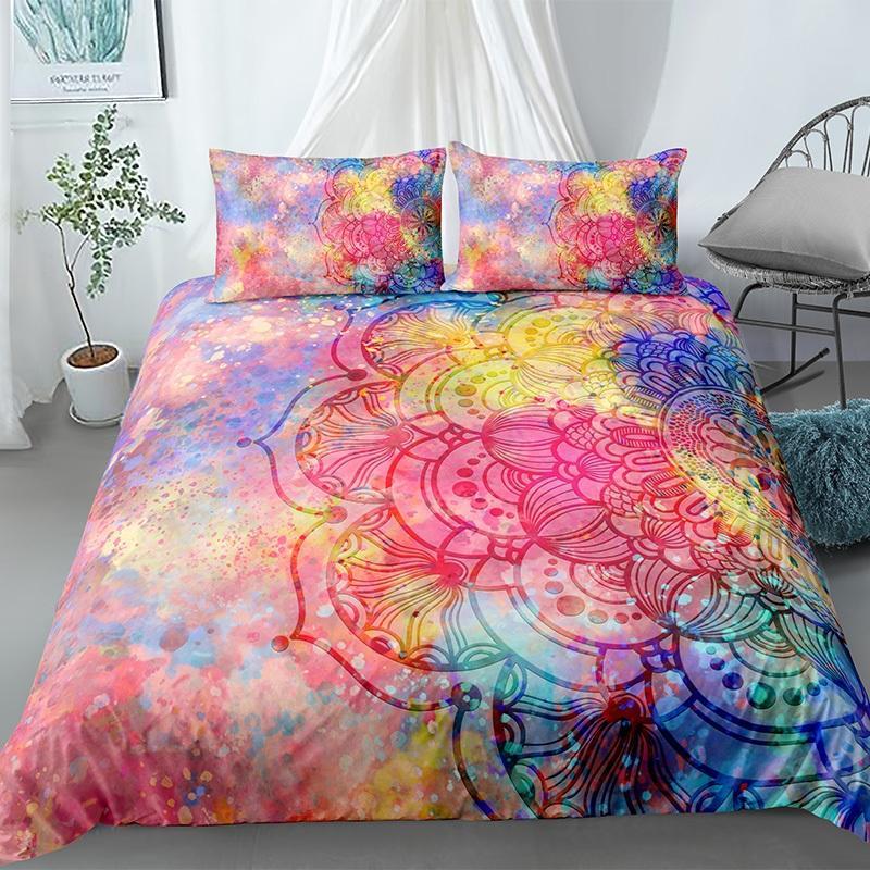 Mandala Duvet Cover Set King Tie Dye Paisley Quilt Cover Purple Boho Hippie Trippy Floral Exotic Style Bedding Set
