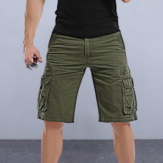 Pánské cargo šortky středního střihu se zapínáním na knoflík a zip, ležérní šortky s více kapsami, jednobarevné sportovní turistické šortky