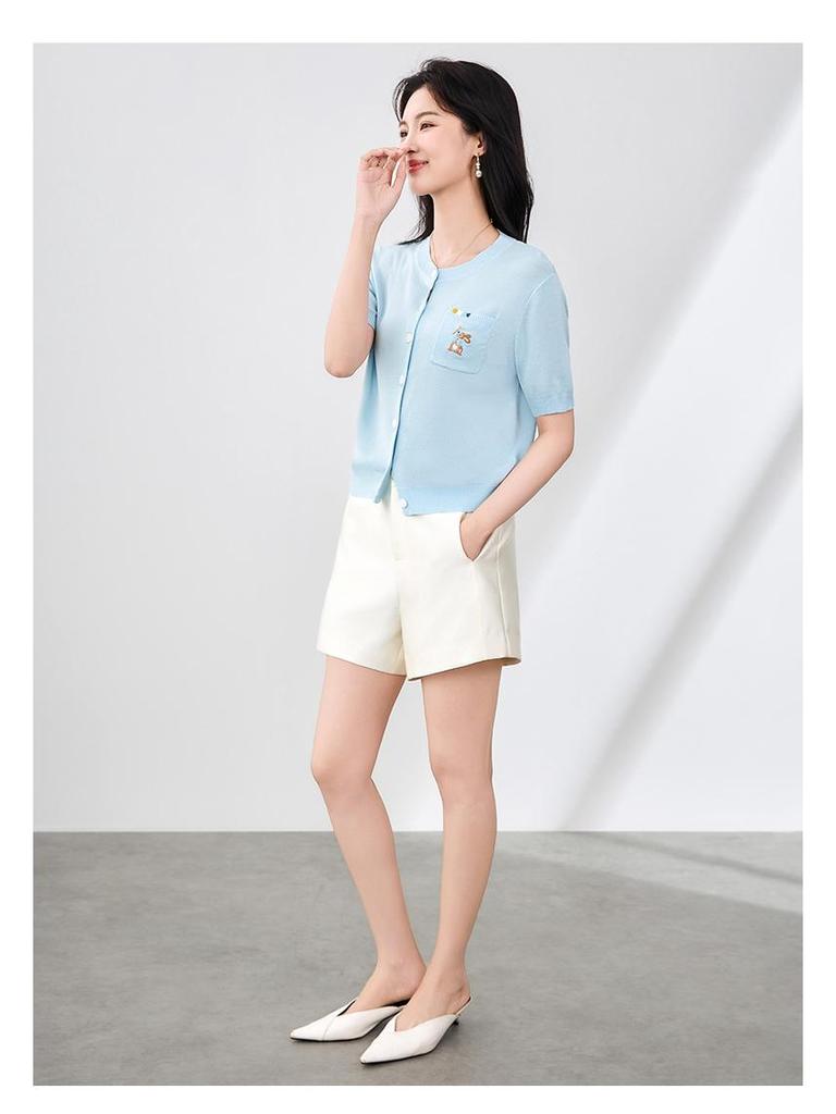 French Fun Little Rabbit Embroidery Knitted Tencel Cardigan - Women's Casual Short Sleeve Top