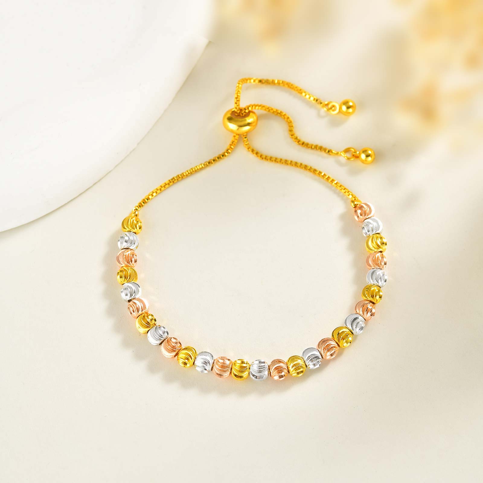 

Luxury Tri Color Texture Beaded Bracelet for Women, Gold Plated Adjustable Chain Charm Bracelets, Fashion Unique Jewelry Gifts
