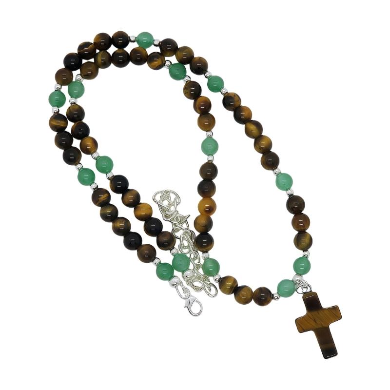 Adjustable Length Tigereye Crucifix Beaded Necklace 8mm Natural Beads Design Elegant Style and Good Luck Charm