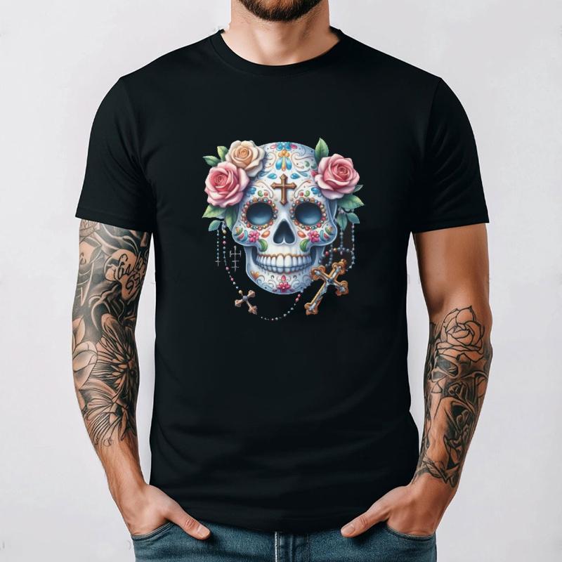 Skull Floral Print Unisex Graphic Tee for Music Lovers Streetwear Fashion Cotton Summer T-Shirt Short Sleeve Casual Breathable S разноцветный