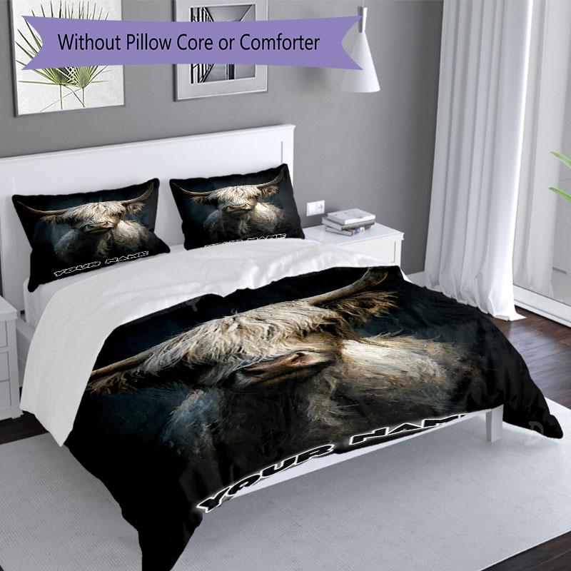 3PC Custom Name Highland Cow Portrait Bedding Set Printed Bedding Set Duvet Cover Closure Includes 1 Duvet Cover & 2 Pillowcases for All Seasons Bedro