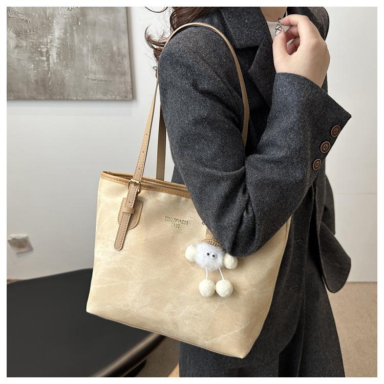Simple Solid Color Tote Bag Women Large Capacity Faux Leather Shoulder Handbag Urban Commuter Bucket Purse