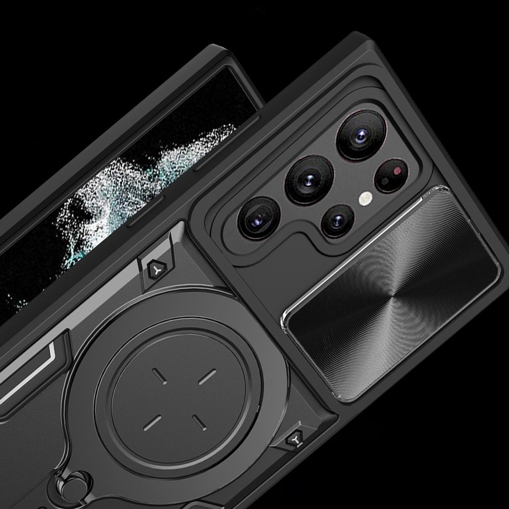 For Samsung Galaxy S22 Ultra 5G Rotatable Kickstand Phone Case Shockproof PC+TPU Cover with Slide Camera Lid