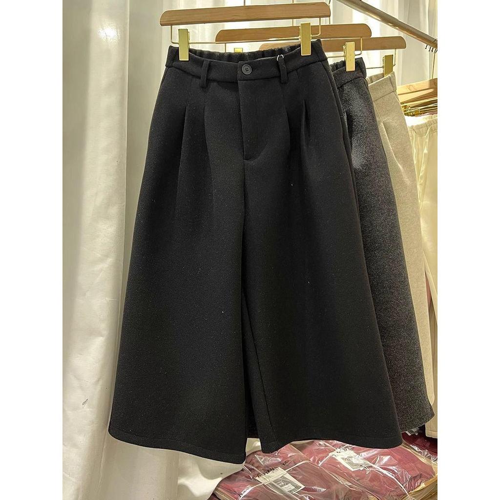 2025 Autumn/Winter High-Waisted Thick Woolen Retro Straight-Leg Wide Pants for Women