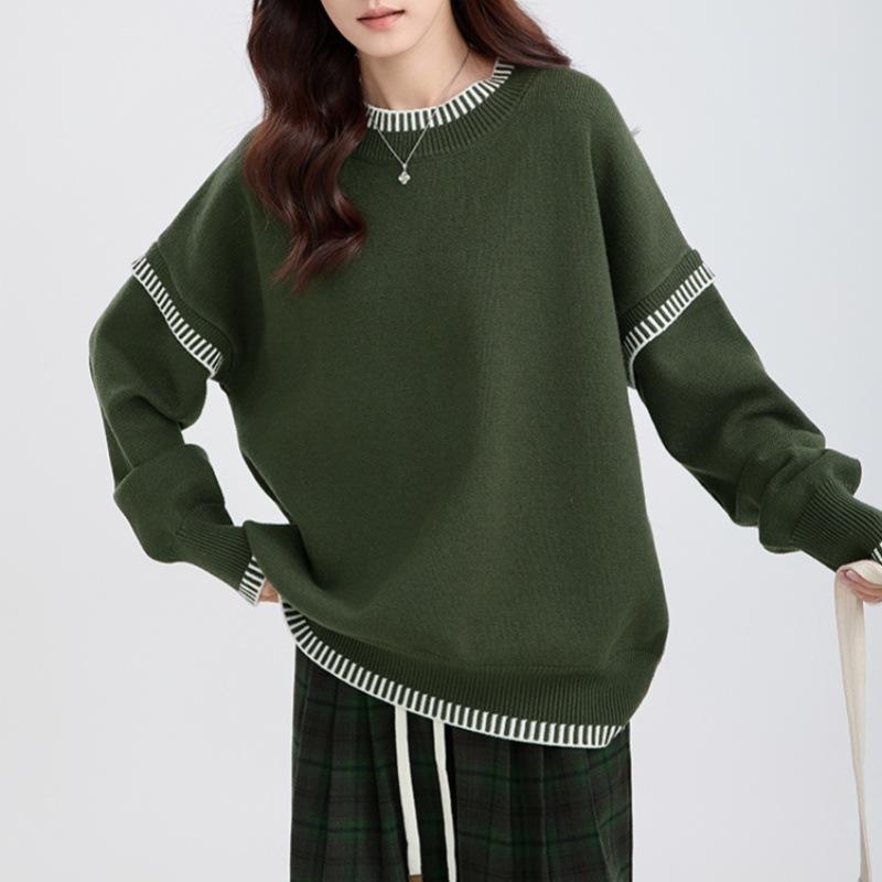 Crew Neck Knitted Pullover Sweater Women's Autumn and Winter New Contrasting Colors Simple and Versatile Loose Knitted Sweater Women