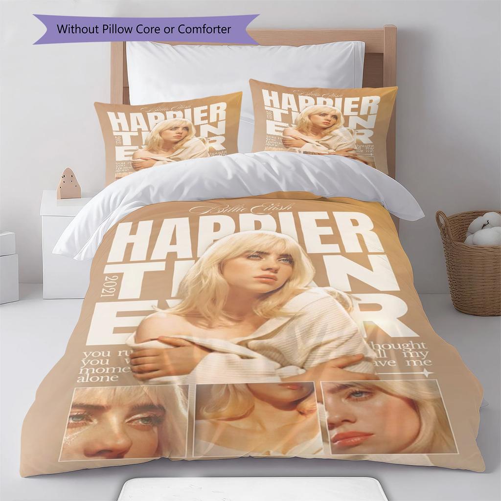Billie Eilish Muster Bettwäsche, Steppbett Set Bettbezug Kissenbezug Zuhause Geburtstagsgeschenk (1 Bettbezug + 2 Kissenbezüge, ohne Füllung)