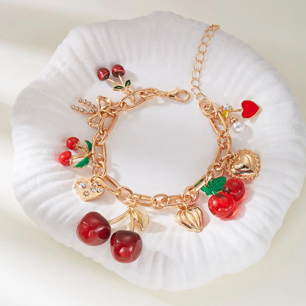 Summer Fruit Cherry Bracelet for Women Dopamine Dressing Red Heart Pearl Charm Chunky Metal Bangle Female Vacation Party Jewelry