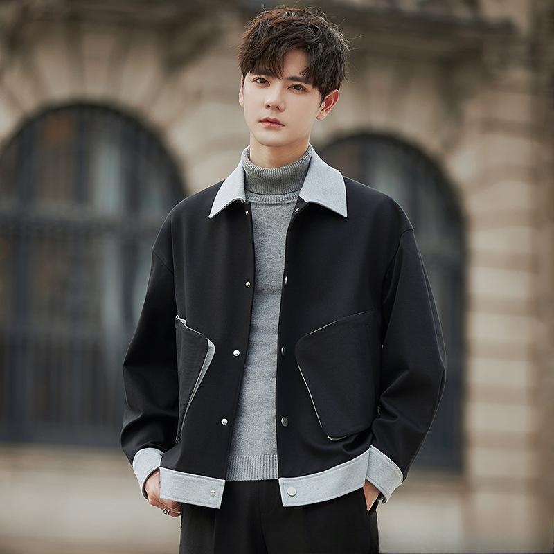 Giacca Primavera Autunno Giacca da Uomo Colore a Contrasto Risvolto Top Teppista Bello Casual Stile Leggermente Maturo da Uomo Sottile