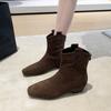 Retro suede thin boots women's 2025 autumn new French square head thick heel inner heightening short boots short elastic boots