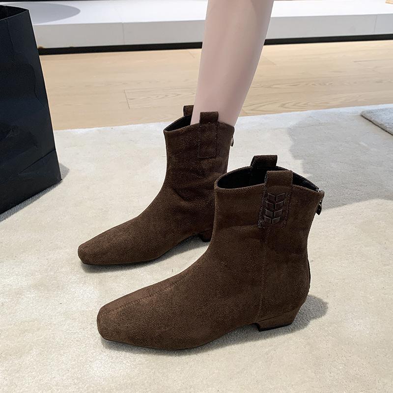 Retro Suede Thin Boots Women's 2025 Autumn New French Square Head Thick Heel Inner Heightening Short Boots Short Elastic Boots