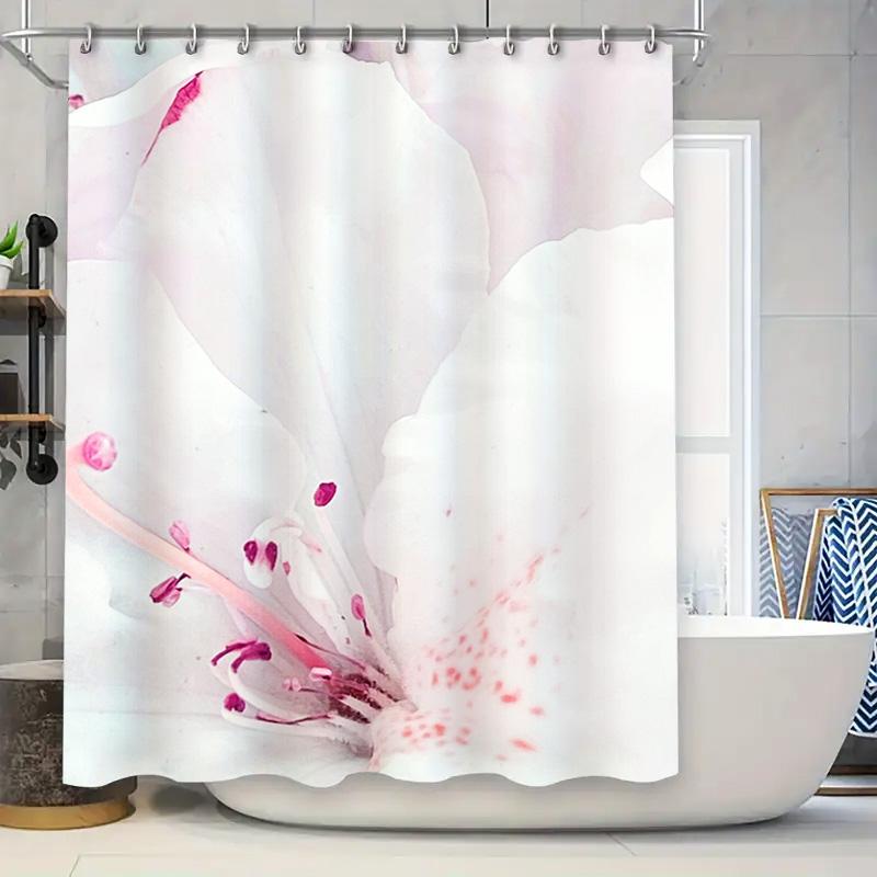 Modern Style White Shower Curtain with Floral Print for Bathroom Decor Pink Blossom Design in Various Sizes