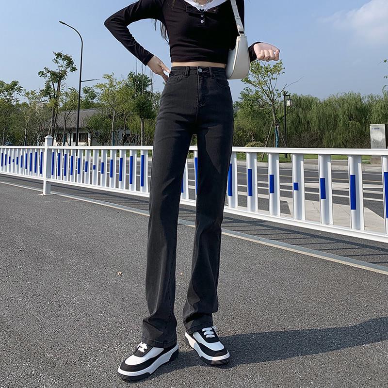 Women's High-Waist Black Straight-Leg Jeans: 2025 Autumn/Winter Hong Kong Style, Plus Velvet, Floor-Length for a Lengthening Look