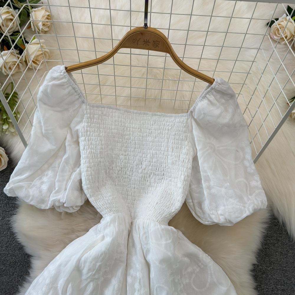 Fashion Dress for Women Square Collar Puff Sleeve A-line Floral Texture Vestido Womens Solid Color Folds Dresses Summer Dropship