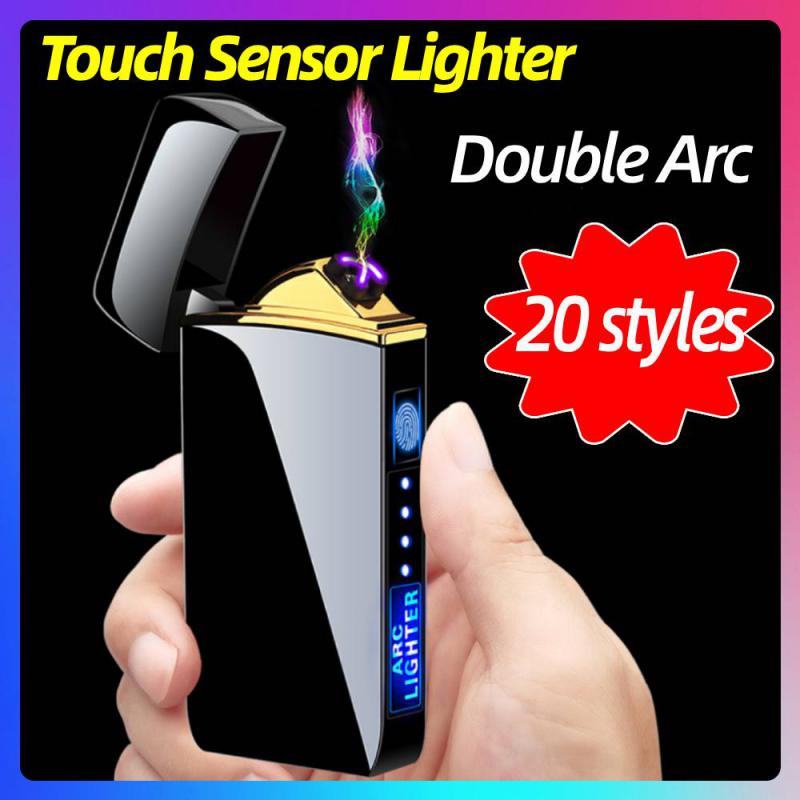 Smart Windproof Electric Metal Lighter Flameless Plasma Lighter Double Arc Usb Rechargeable Led Power Display Touch HOT YELLOW