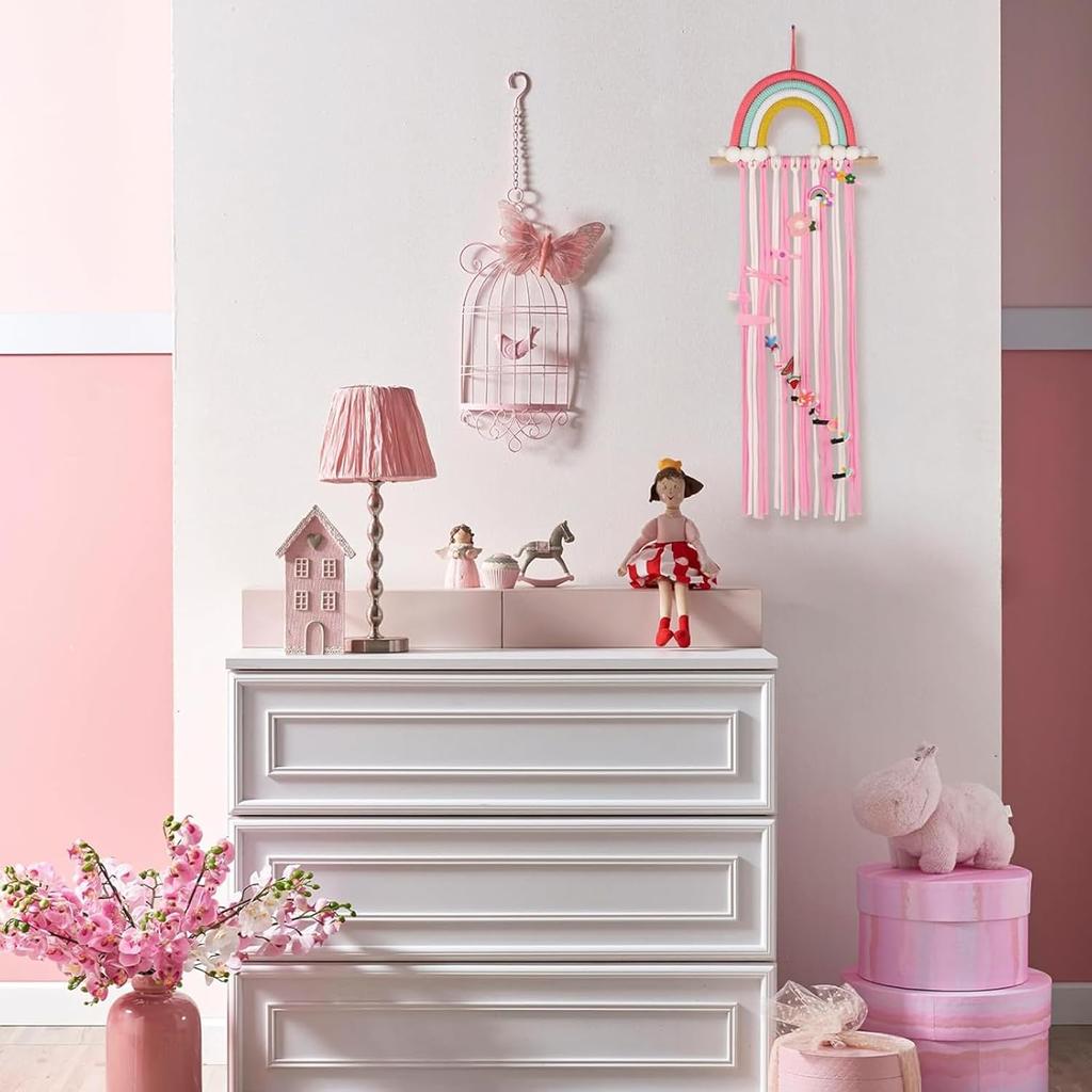 Rainbow Macrame Bow Holder Hanging Hair Bow Organizer for Girls, Hair Clip Holder Hair Clips Headband Storage Hanger Boho Wall Decor