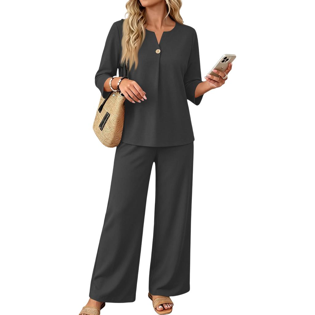 Women’s Casual Two Piece Outfit Button Down Three Quarter Sleeve Top and Wide Leg Long Pants Set for Daily Wear Office Travel