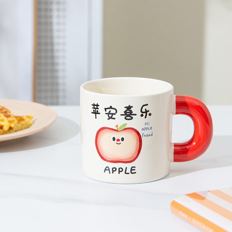 Cartoon fruit ceramic mug, high-value coffee cup with lid spoon, blessing text, gift water cup for girls
