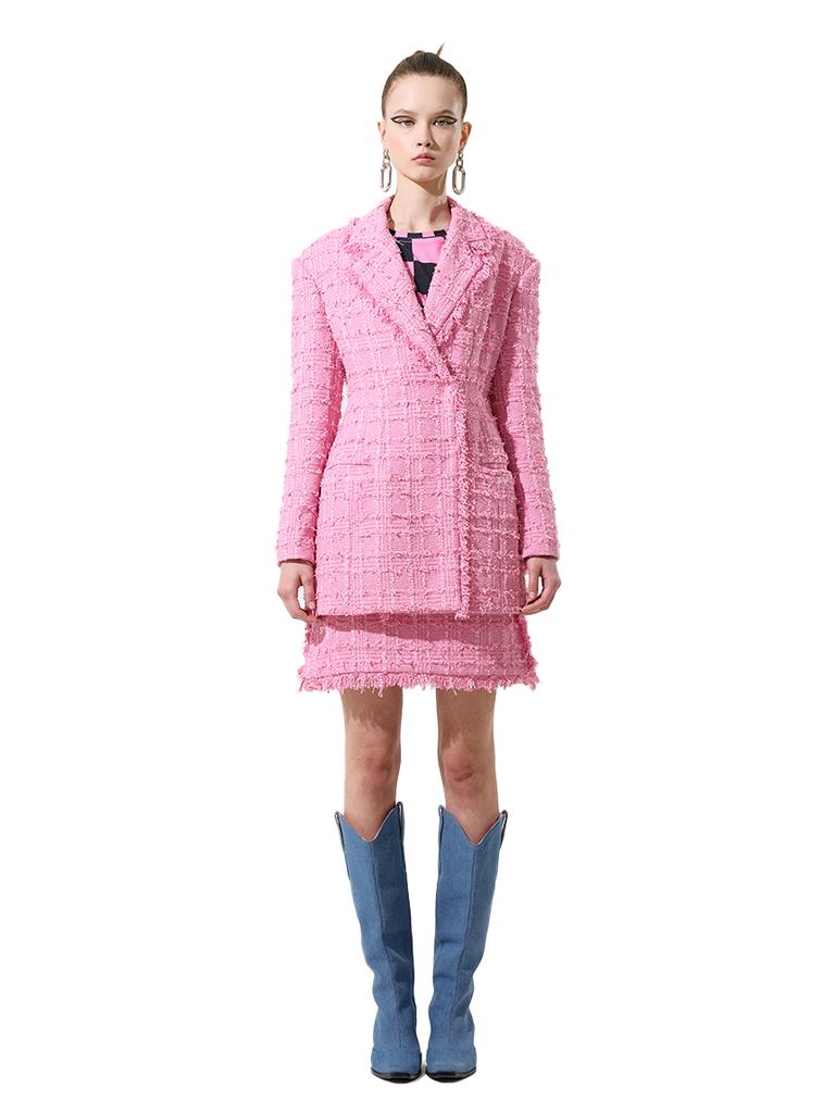 Greedius Pink Tweed Single Line 01 Textured Piping A-Line Tweed Mini-Skirt