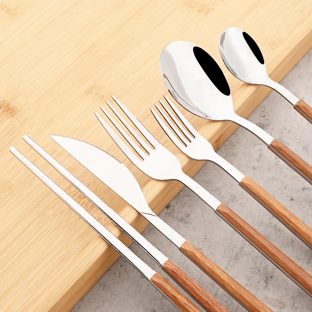 3Pcs/Set Fork Spoon Chopsticks Cutlery Set Wood Handle Dinnerware Stainless Steel Tableware Western Kitchen Flatware