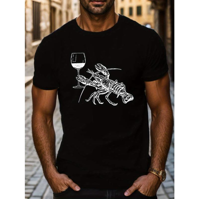 

European sizes Lobster Wine Glass Men s Short Sleeve T-shirt Summer T-shirt Top S чёрный